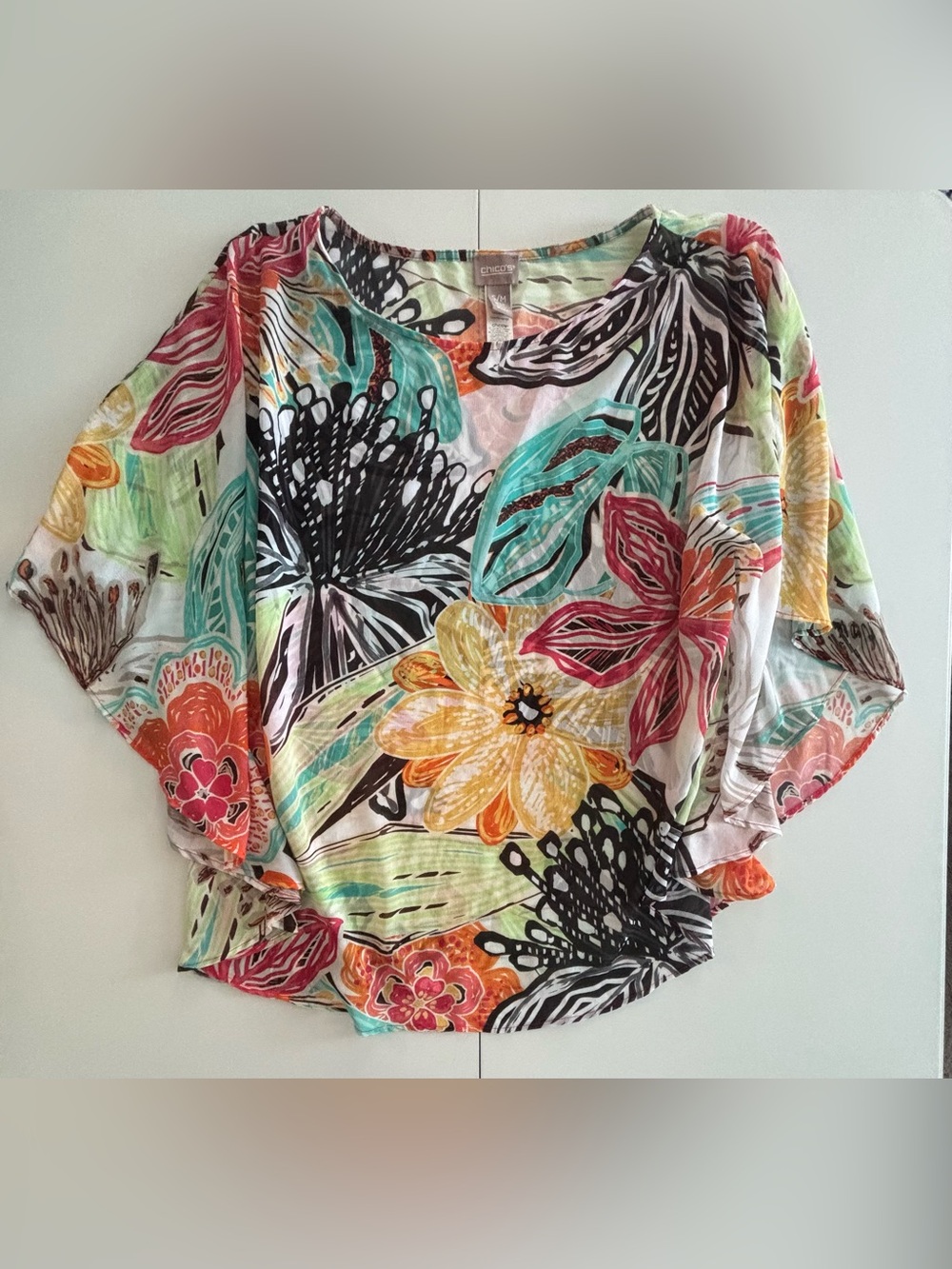 Chico’s Colorful Tropical Floral Print Sheer Poncho Coverup Pool Beach Size S/M